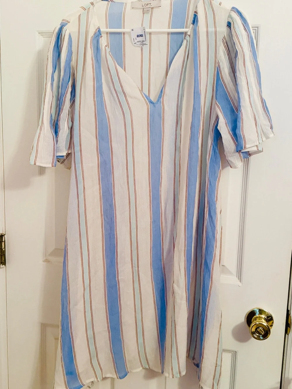 LOFT Striped V-Neck Tie-Waist Beach Dress in Blue and White
